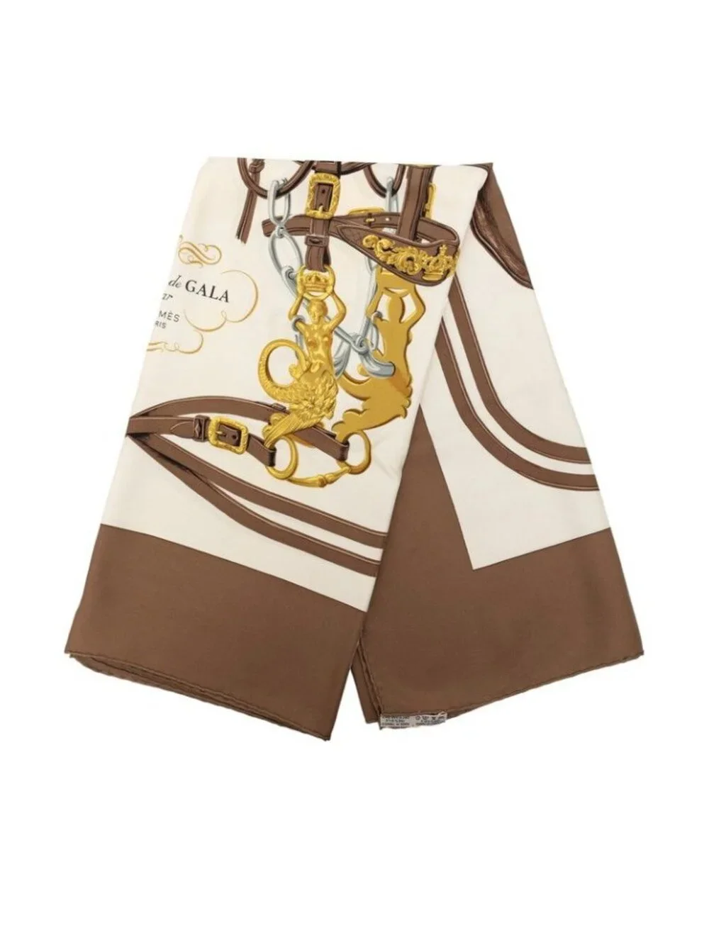 Hermes Carre 90 Bride de Gala Ceremonial Bridle Scarf Brown White Yellow Silk